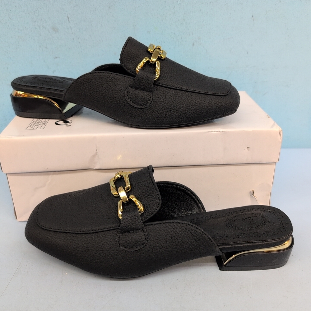Shein Women Leather Metal Buckle Half Back Mules Loafers CN 38 Black